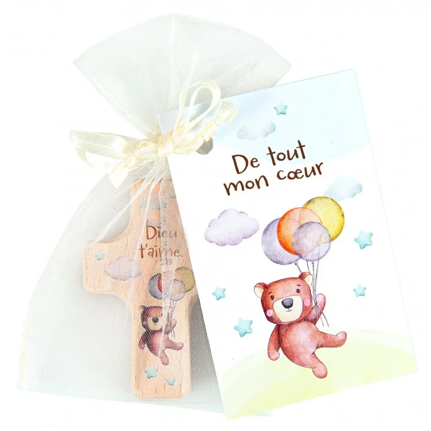 Mini-croix bois Ourson  "Dieu t'aime"