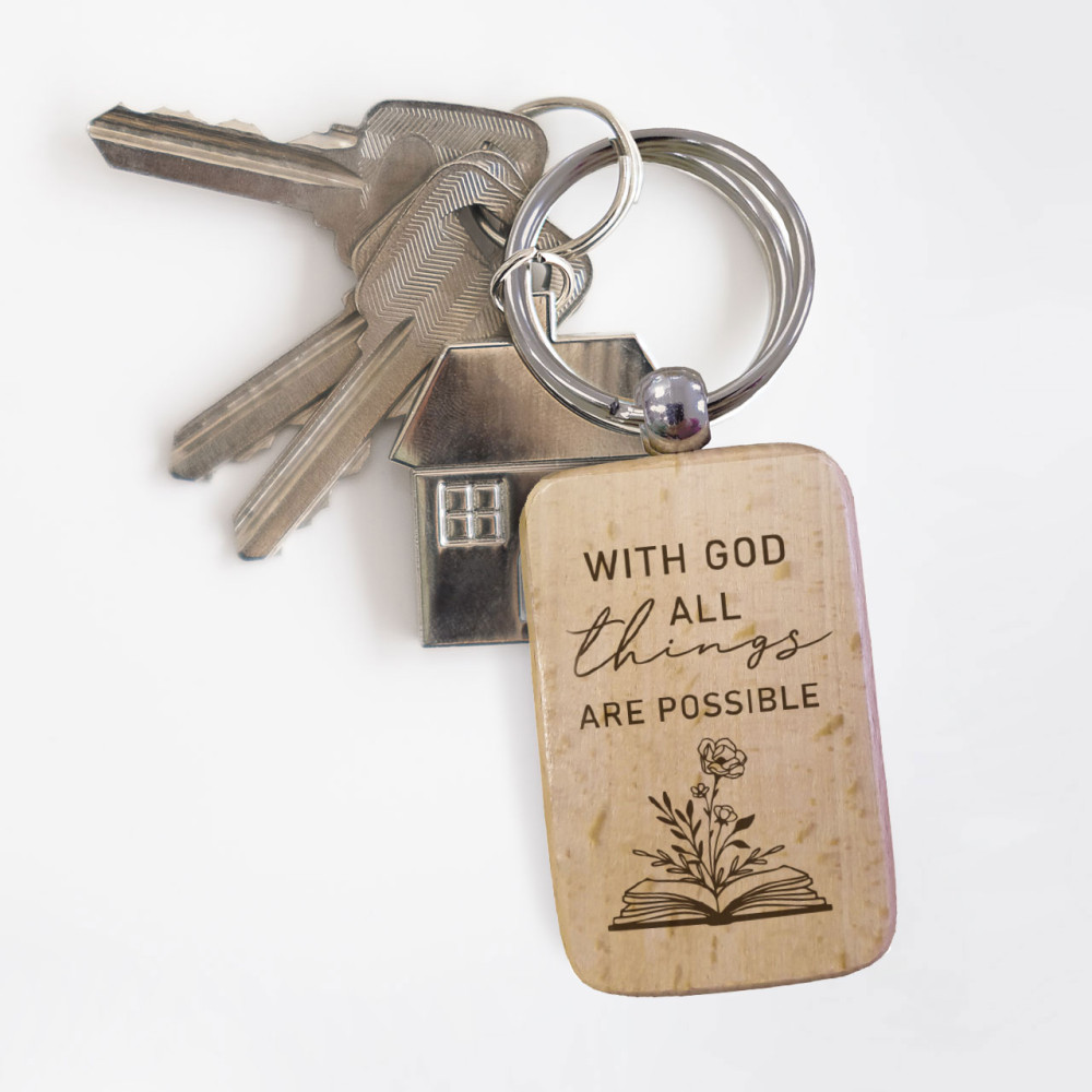 Porte-clé bois "With God all things are possible"