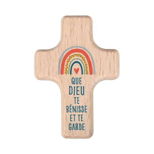 Mini croix bois Arc-en-ciel "Que Dieu te bénisse..."