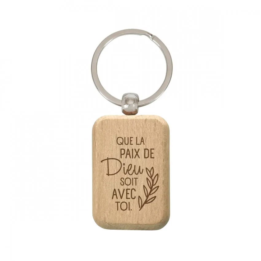 Porte-clés en bois gravé "Que la paix de Dieu soit avec toi"