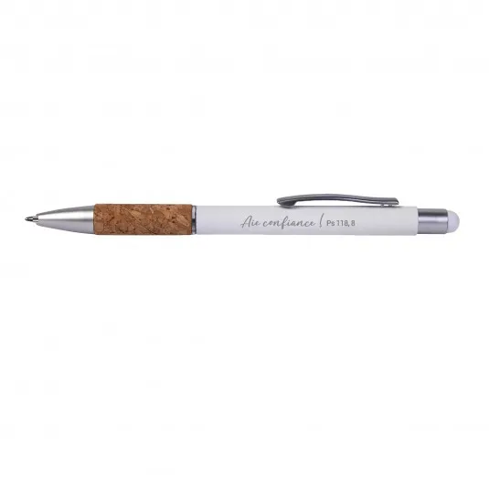 Stylo tactile en aluminium et liège Aie confiance blanc