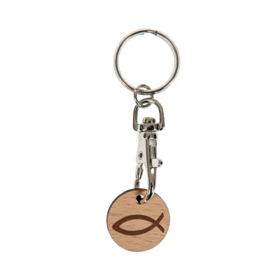Porte-clés avec jeton Ichtus en bois naturel