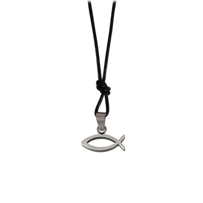 Collier - ichtus en acier inoxydable & lanière en cuir