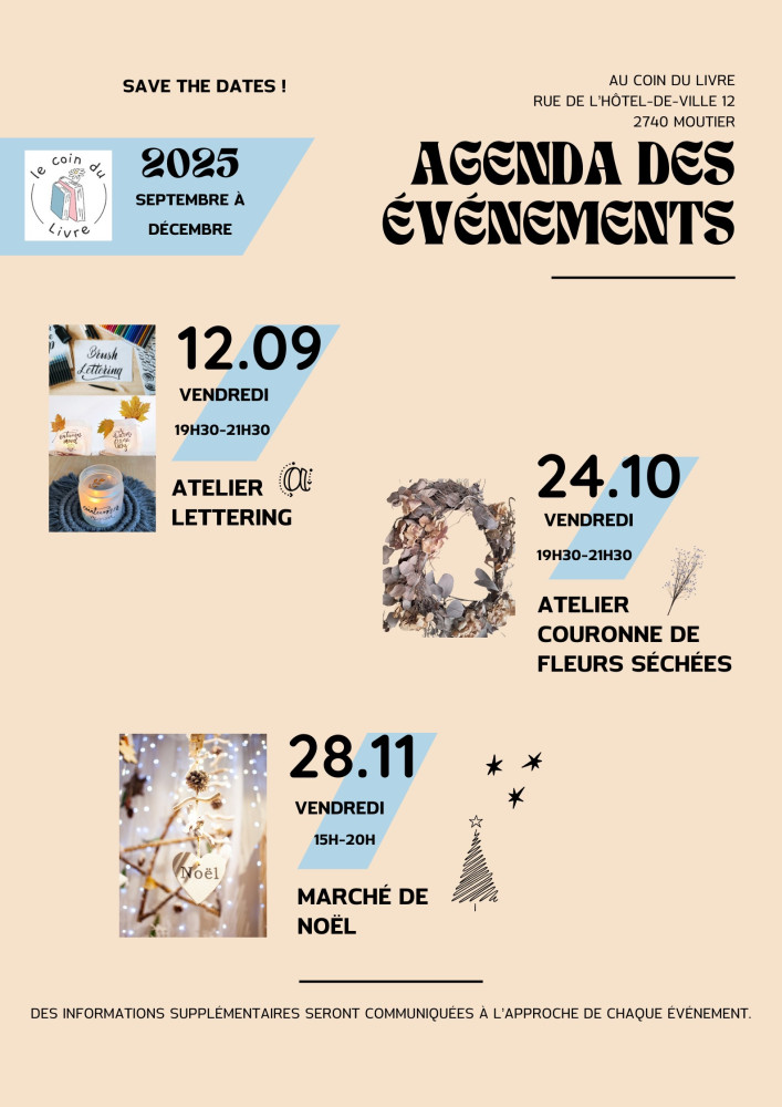  SAVE THE DATES ! 
 Restez connecté, des informations supplémentaires seront communiquées ici et sur Instagram à l’approche de chaque événement 
 Inscriptions par mail -&gt; cliquez sur la photo ! 
  